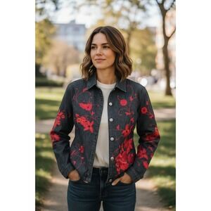 Chico's Design Floral Embroidered Cotton Denim Boho Jacket Cottagecore Size L/2